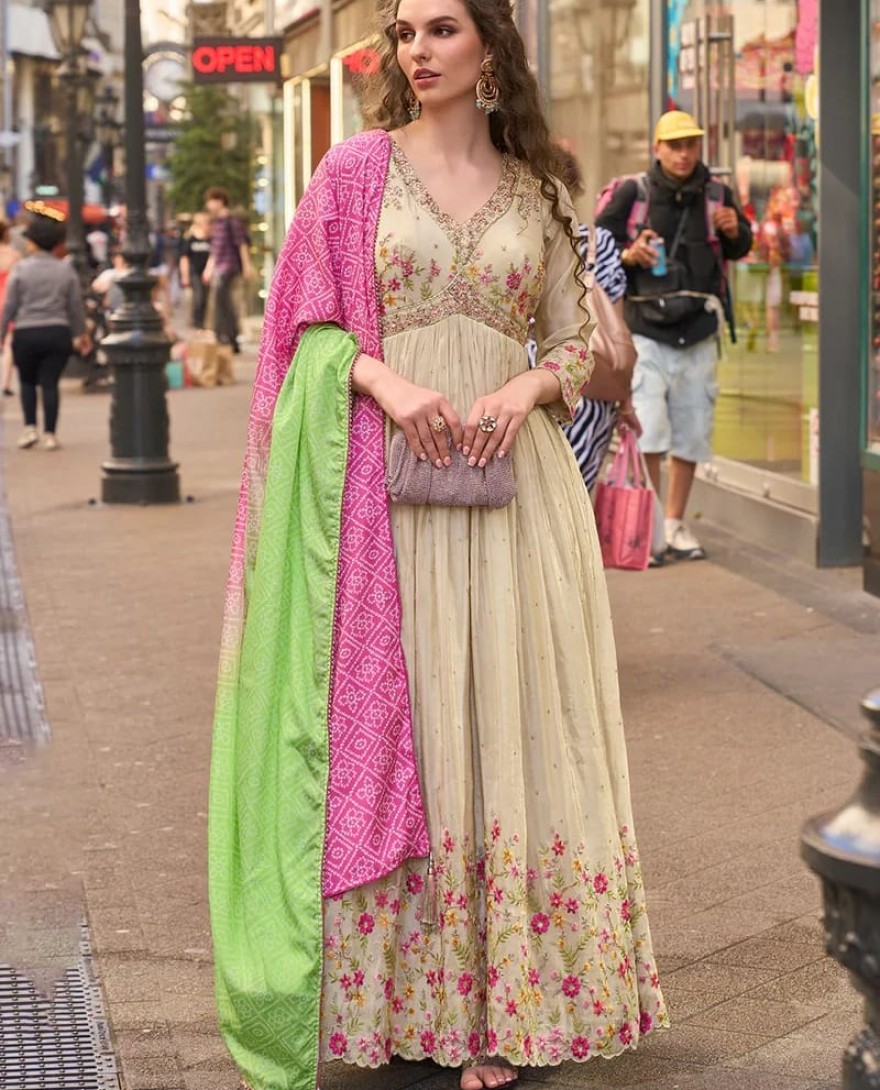 PINK - Designer Beige Pink Floral Embroidered Indo Western Simar Silk Anarkali Gown